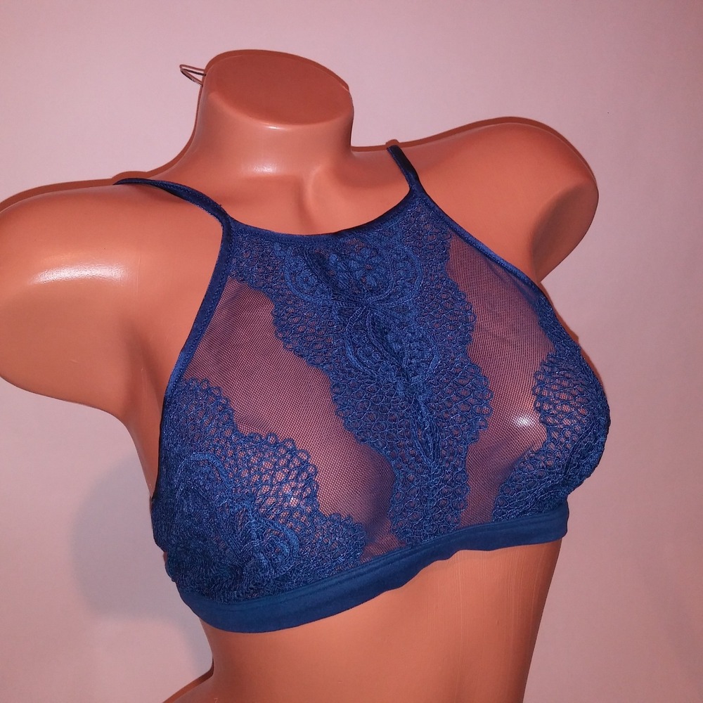 Victoria Secret Bralette Bra Medium Crop Navy Blue Crochet High Neck Body by